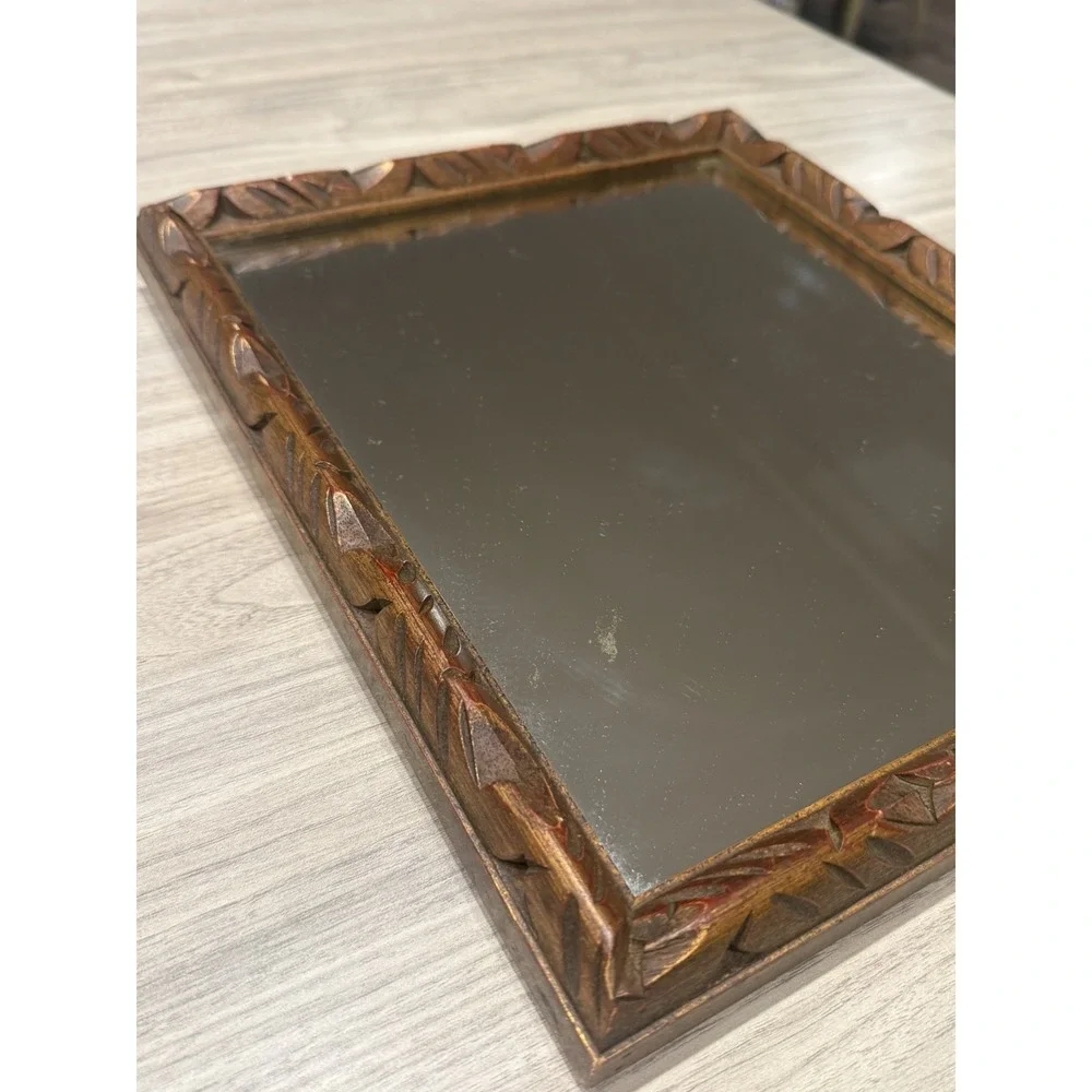 Vintage Hand Carved Wood Framed Mirror Tabletop or Wall Rustic Folk Art Decor